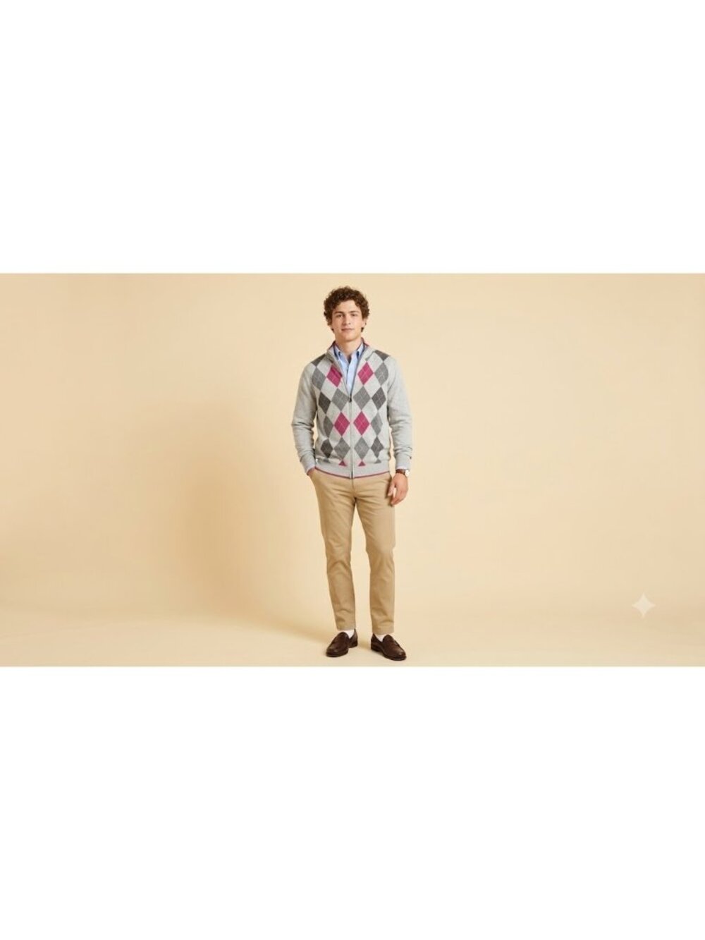 Brooks Brothers Full Zip Sweater Men XL Gray Argyle Mock Neck Supima Cotton Edgy